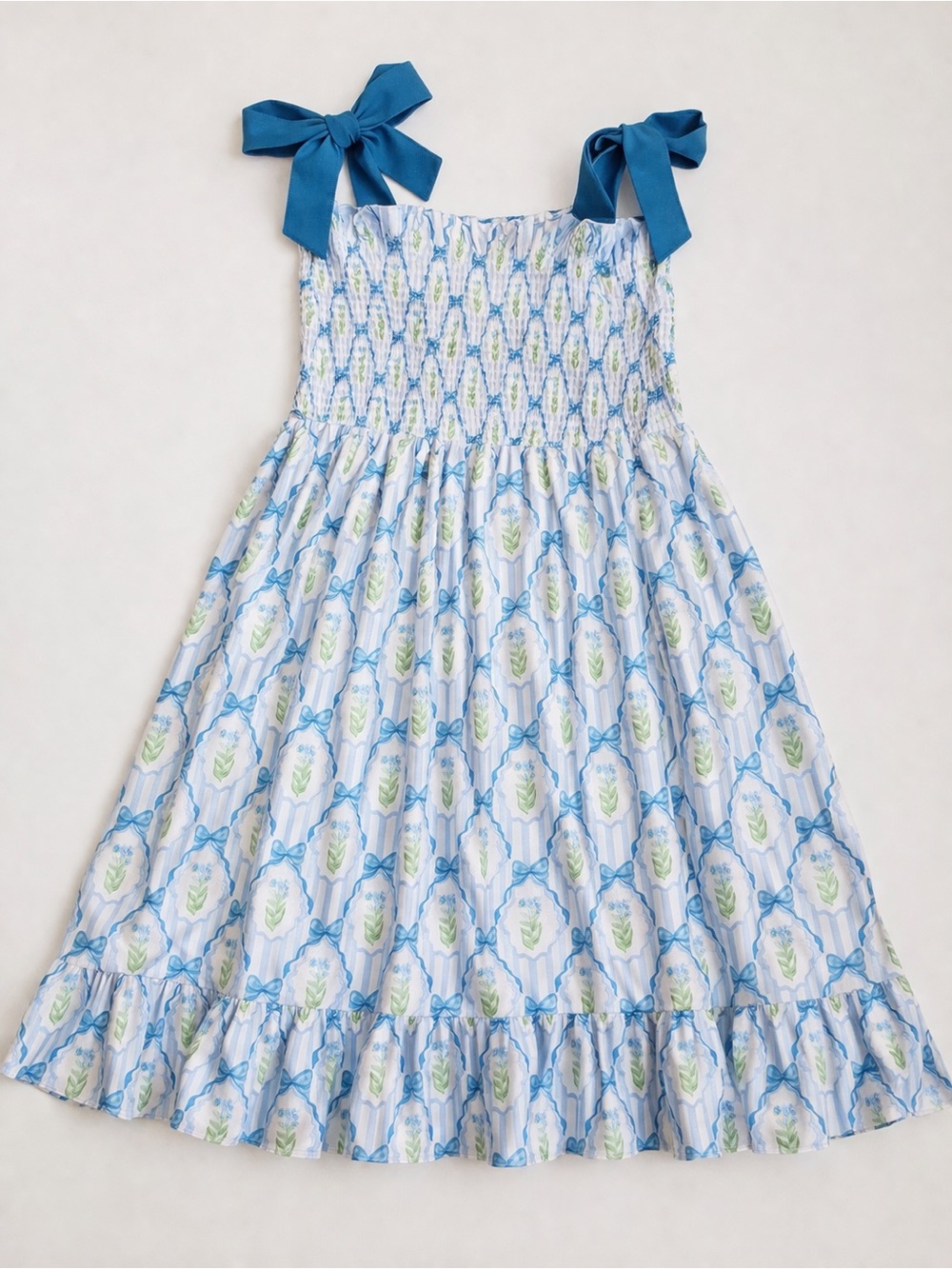 Cottagecore Blue Floral Bow Strap Smocked Dress Size L Abby & Evie Midi Sundress - Picture 2 of 6